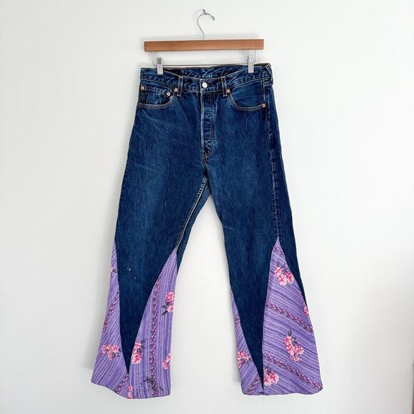 Levi's 501 Floral Patchwork Bell Bottom Flare Denim Jeans Dark Wash 33 - Picture 1 of 12